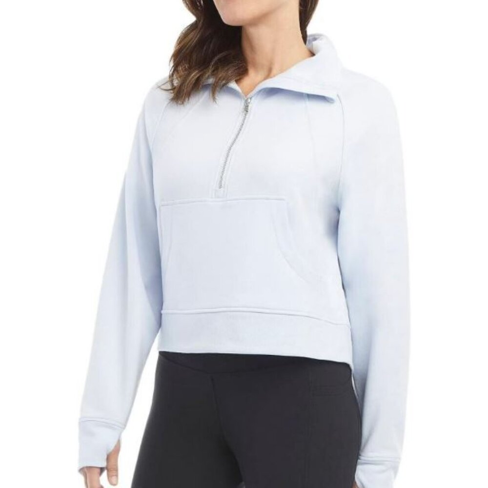 Danskin Women's Mixed Rib Half Zip Kangaroo pocket Jacket Halogen Blue, L (1512)